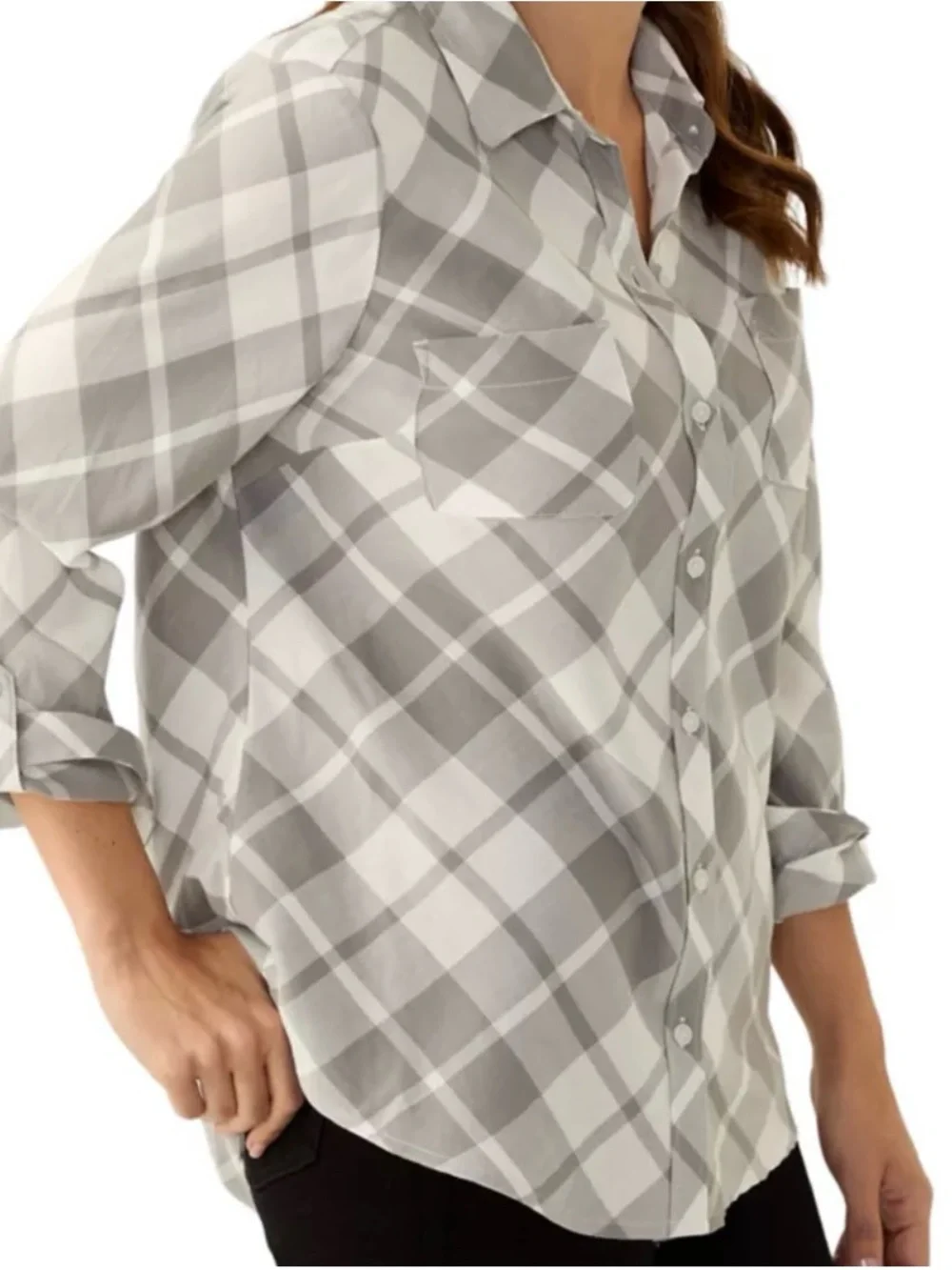 NWT XXL Kim Rogers Gray and White Plaid Button-Down Shirt